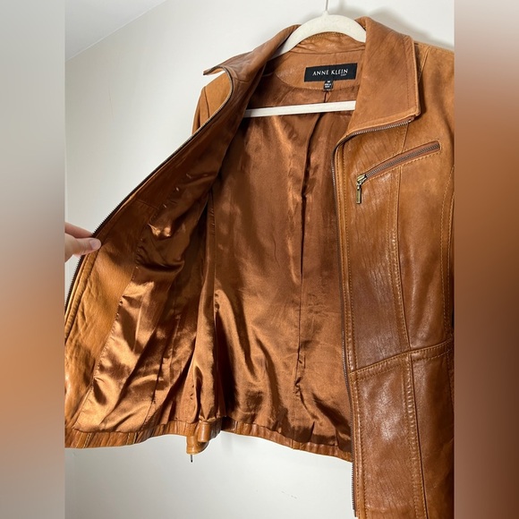 Vintage Anne Klein Longer Line Camel Faux Belted Leather Jacket Sz M - Picture 6 of 15